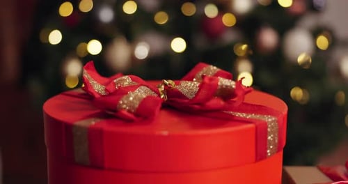 Festive Red Gift Box with Christmas Tree