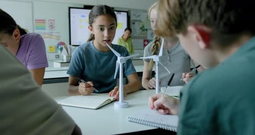 Students Working Together on Wind Turbine Project in Classroom