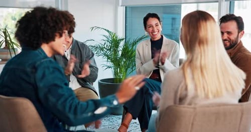 Applause, group counseling and business people in office with support circle for mental health