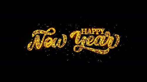Texto de felicitación de feliz año nuevo de lujo, chispas doradas, fuegos artificiales brillantes, celebraciones