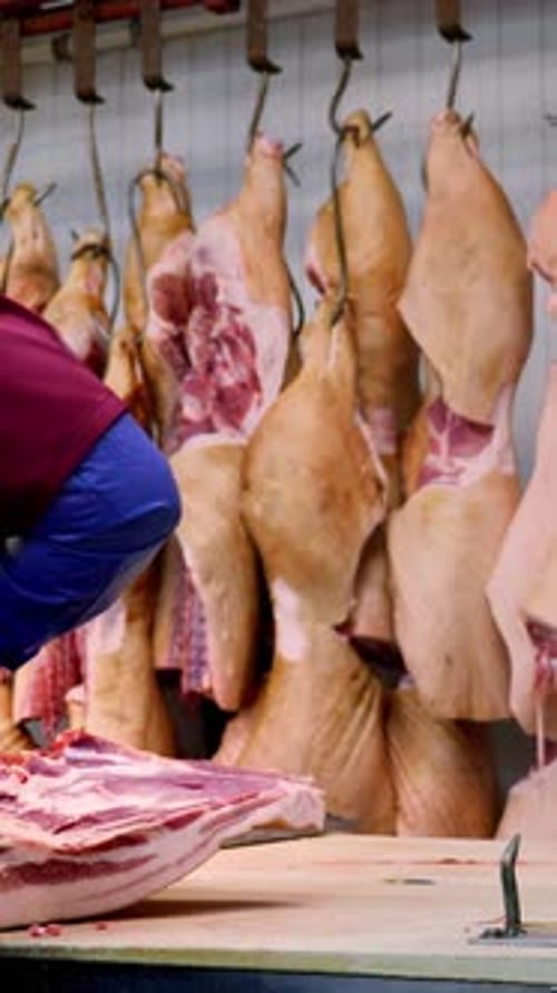 Man cutting meat in processing facility, portrait