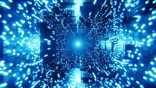 Abstract 3d animation background. Flying through futuristic dark sci-fi city