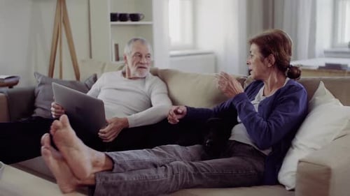Senior couple relaxing on couch with black dog