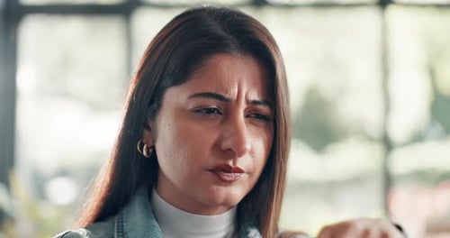 Confused, reading and thinking with business woman in office for problem solving or solution