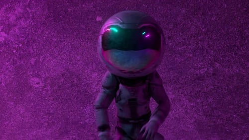 Cyberpunk Astronaut in a Large Round Helmet Dances Against the Backdrop of a Disco