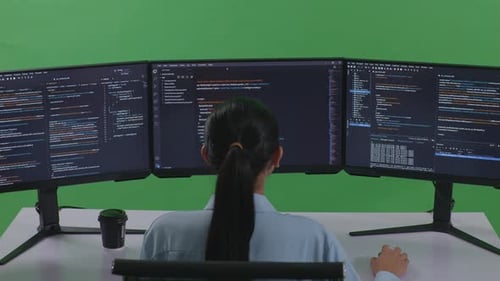 Rückansicht einer Entwicklerin, die einen Computer verwendet, um Code mit mehreren Bildschirmen auf grünem Bildschirm zu schreiben