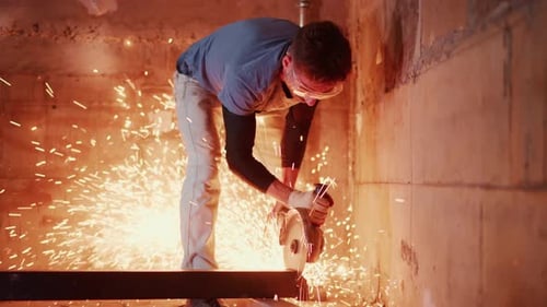 Worker Sparks Cutting Person Utilize Angle Grinder Inside Limited Space to Modify Metal Structure