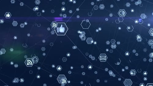 Global social media connection concept on a blue background.