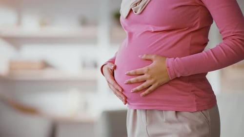 Pregnant Woman Holding Baby Belly Indoors
