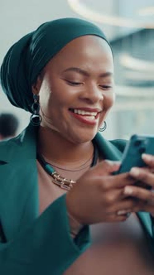 Business, woman and laughing with phone in office for research, social media and funny chat