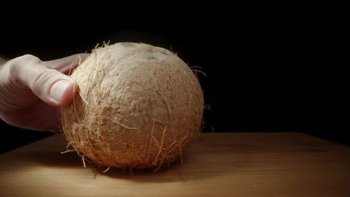 I Place a Whole Hairy Coconut on the Table under Sunrays, Close-Up.