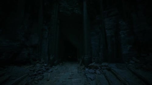 Mysterious Cave Entrance Surrounded By Ancient Stone Structures at Dusk