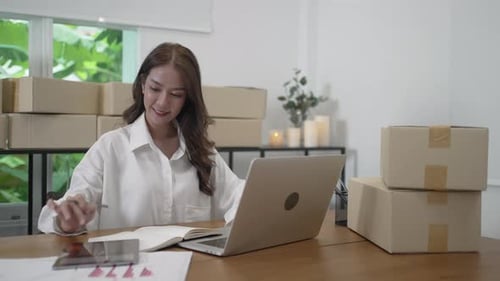 Woman Works on Laptop at Desk with Boxes