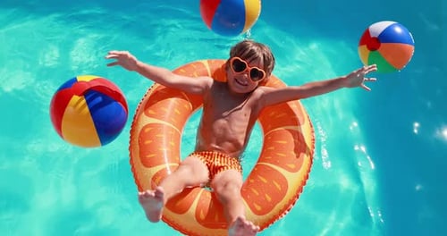 Smiling Boy Floats and Plays with Beach Balls