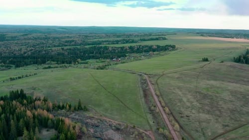Aerial View of Verdant Fields and Forest Road