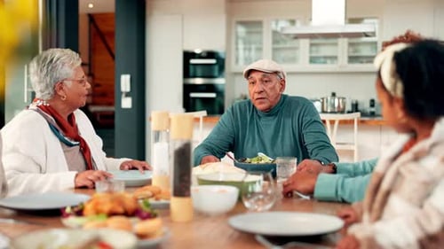 Meal, grandparent and family at table with conversation, bonding and buffet in healthy lunch