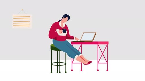 Woman Sitting at Desk with Laptop Business Woman Working at Office Animation