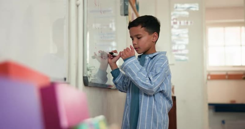 Thinking, student or girl in classroom with pencil for math quiz ...