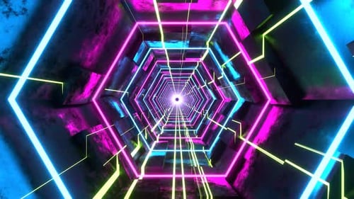 Cyan Pink And Light Green Hexagonal Sci Fi Tunnel With Neon Lights Background VJ Loop l 4K