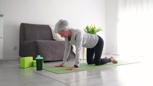 Active Senior Woman Practicing Yoga At Home