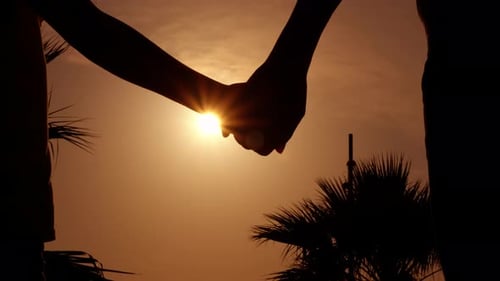 Silhouettes of hands joined on dusk beach.