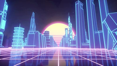 Retro futuristic 80s style with neon city backgrounds