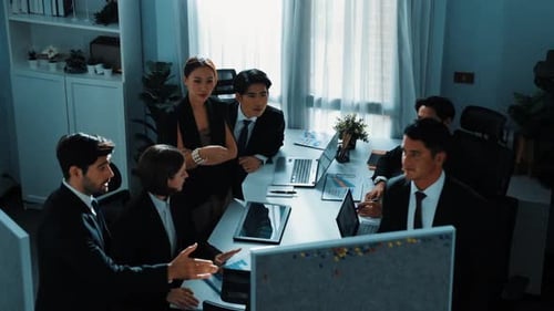 Top view of diverse business people brainstorm marketing idea. Directorate.