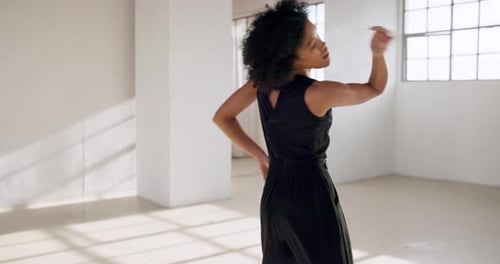 Woman, dance and practice creative performance or choreography and training in ballet studio