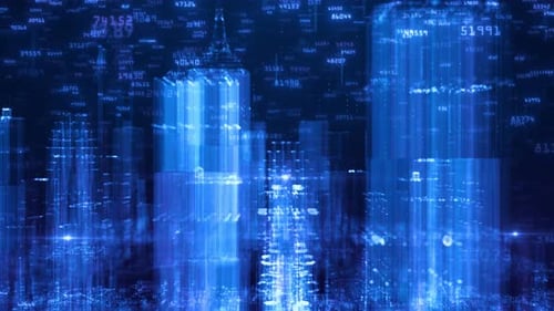 Futuristic Matrix: Seamless Loop Hologram 3D City Rendering with Binary Code Particles Network