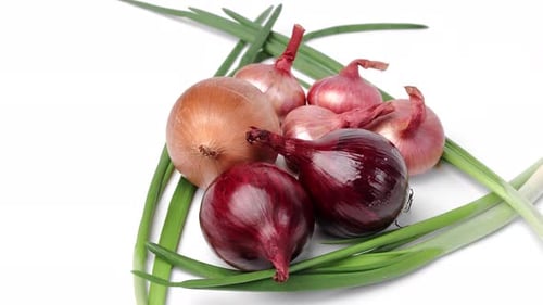 Variety of Onions and Scallions on White Surface