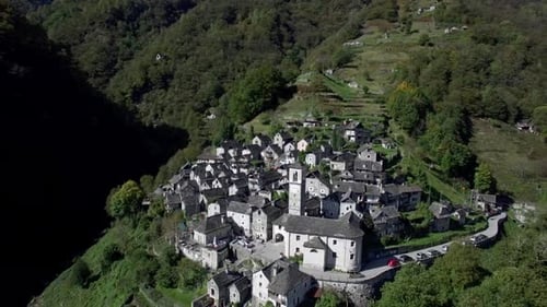 aerial view of medieval town village of Corippo in the mountains, small mountain village in Ticino C