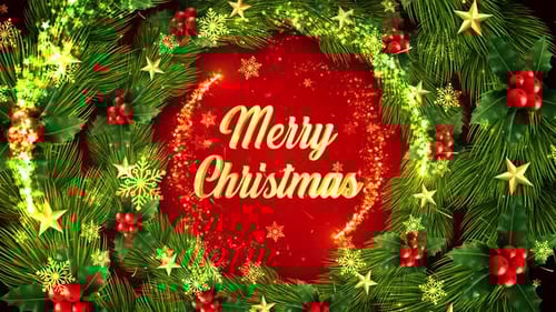 Merry Christmas Text Reveal with Festive Sparkling Wreath