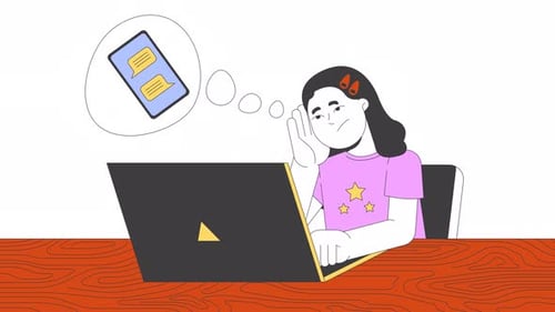 Nachdenkliches Schulmädchen arbeitet an Laptop-2D-Charakteranimation