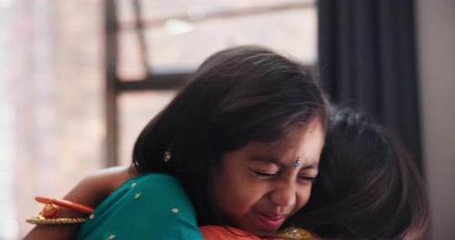Indian family, hugging and love in home for bonding together, care and trust for child in house