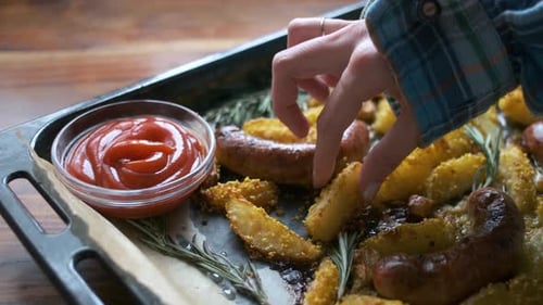 close-up woman takes a slice of baked potatoes and dunks in sauce