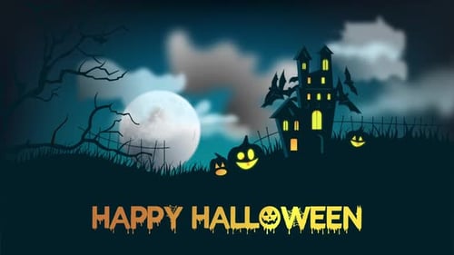 Spooky Halloween Night Animated Scene with Happy Halloween Text Reveal