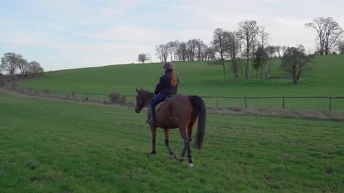 Young girl horseback riding a brown horse on a green lawn in the countryside on a sunny day, wide sh