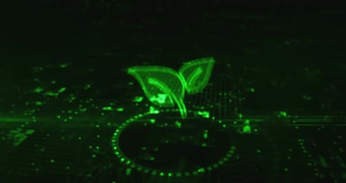 Digital Green Plant Icon Reveal on Futuristic Circuit Board