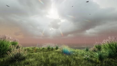 Animated Rainy Ocean Landscape with Green Grass and Flying Birds