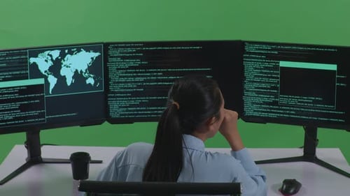 Tired Woman Developer Yawning Before Sleeping While Write Code With Multiple Screens In Green Screen