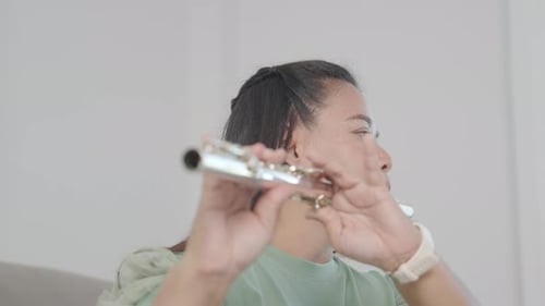 A Female Flutist in a Green Shirt Sits on a Brown Couch in Her Cozy Living Room Playing a Silver
