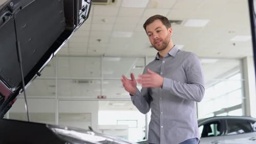 Car Blogger Presents a New Car at a Car Dealership