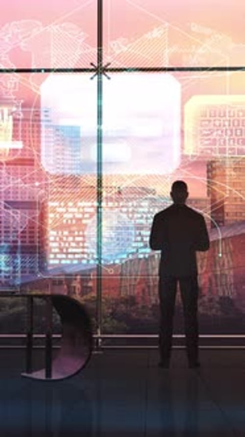 Futuristic Holographic Data Interface Appearing Over City Skyline