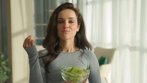 Happy Athletic Sportive Woman Smiling Eating Cabbage Lettuce Salad Vegetables Female Healthy Food