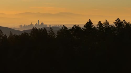 Aerial view of San Francisco skyline on horizon, United States.