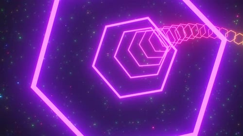 Floating Neon Hexagonal Shaped Glowing Lights Tunnel In Outer Space - 4K