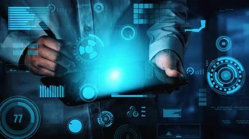 Interface d'analyse commerciale futuriste avec un homme tenant une tablette, des éléments de visualisation des données, Digita