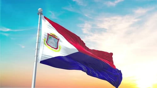 Saint Martin Flag Waving Realistic With Sky
