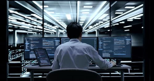 Back View Of Asian Male Programmer With A Tablet Writing Code By Desktops In The Server Room