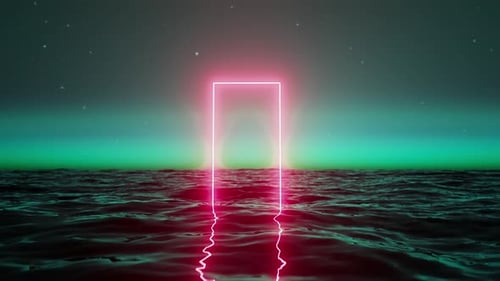 Neon pink glowing rectangular portal above ocean at night